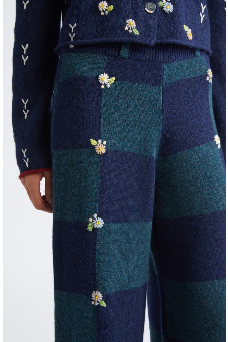 Daisy Embroidered Checkerboard Lambswool Pants, Alternate, color, NAVY
