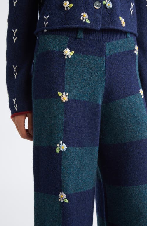 Yanyan Daisy Embroidered Checkerboard Lambswool Pants In Blue