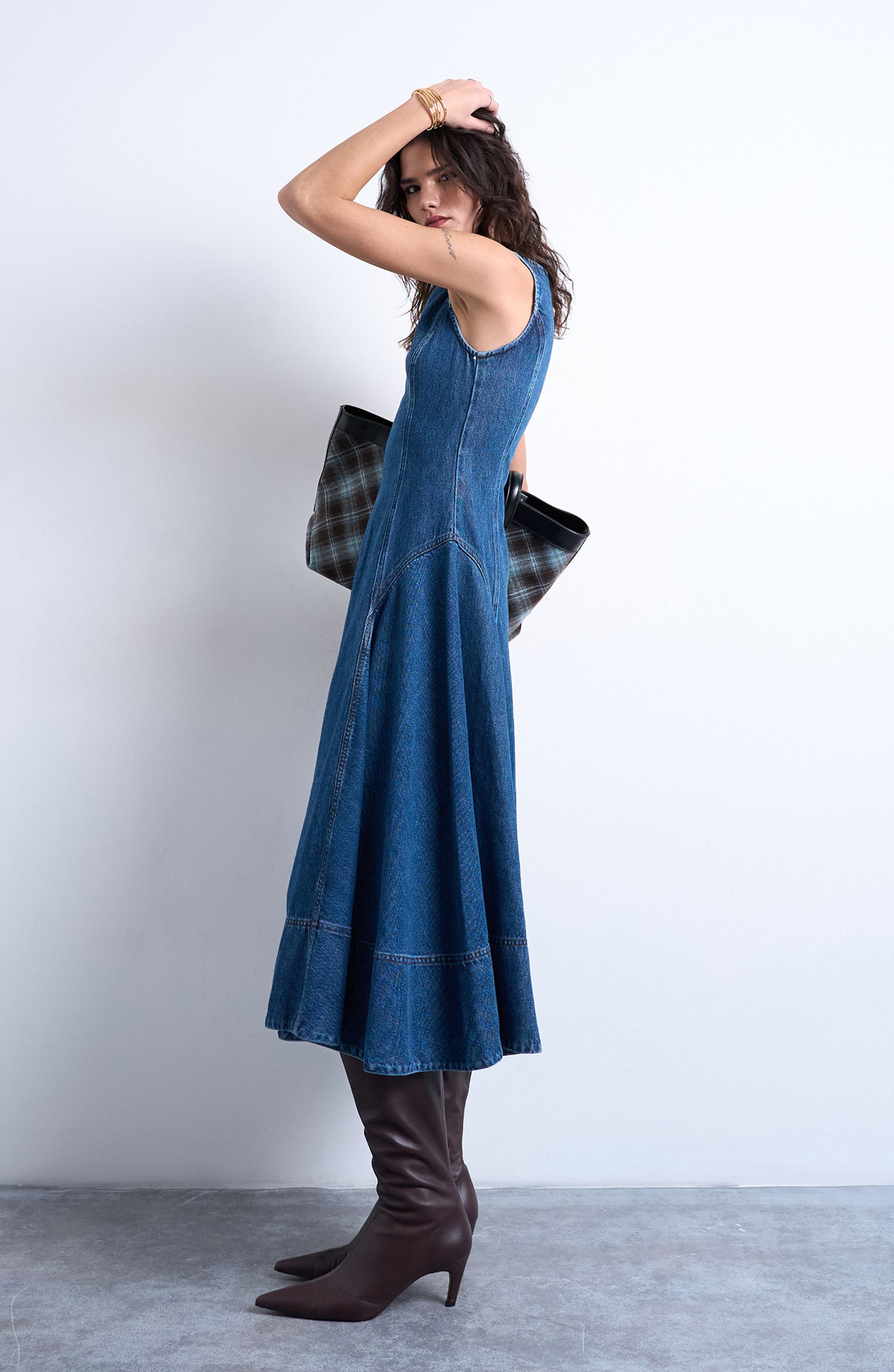 high fashion denim dress Lace Trim Denim Bustier Dress Long / S