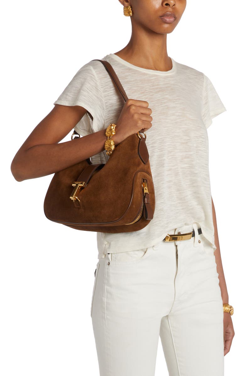 TOM FORD Monarch Medium Suede Hobo Bag, Alternate, color,