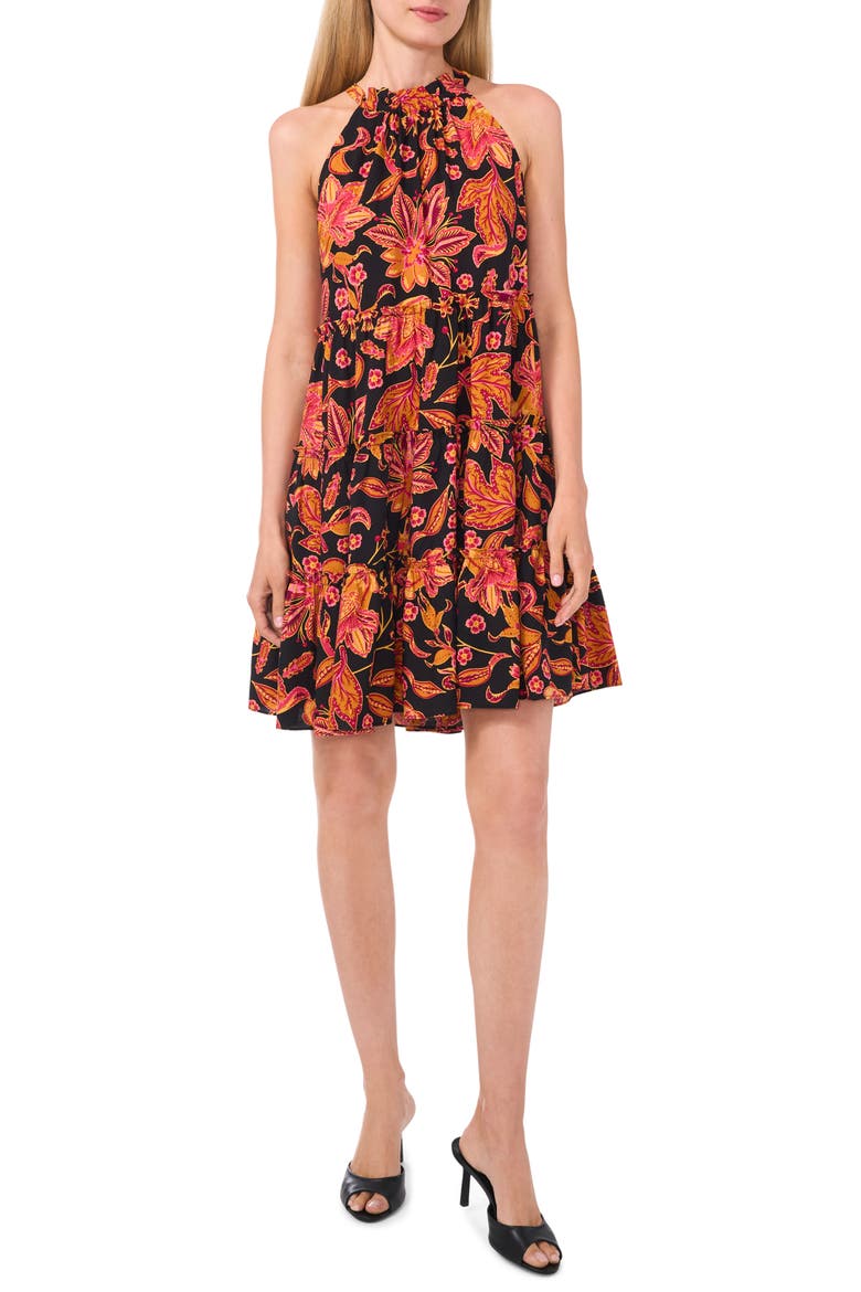 Floral Tiered Trapeze Dress, Alternate, color, RICH BLACK