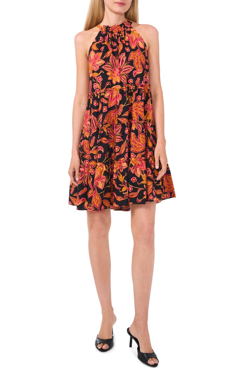 CeCe Floral Tiered Trapeze Dress, Alternate, color, Rich Black