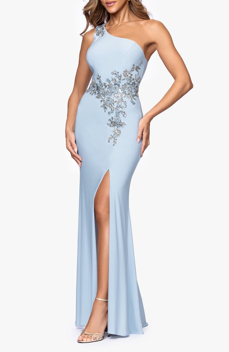 Xscape Evenings Embellished Soutache One-Shoulder Gown, Alternate, color, Blue/ Gold
