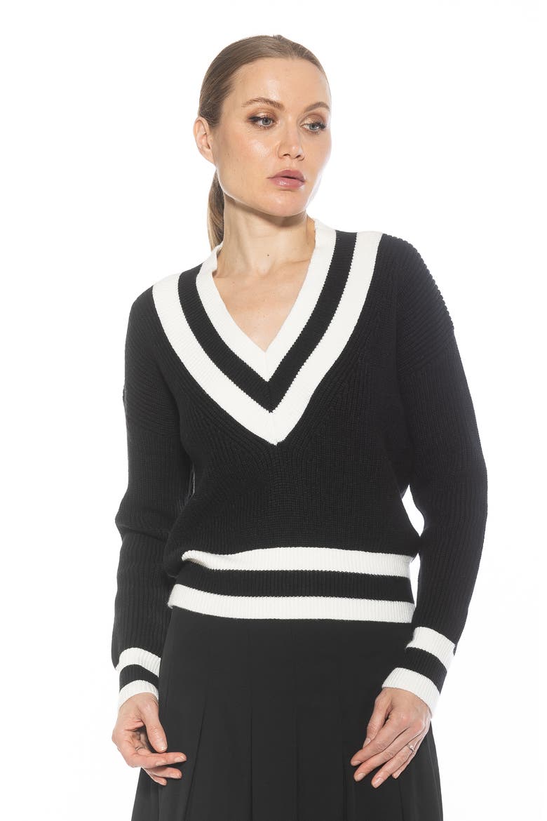 Leona V-Neck Varsity Polo Sweater, Alternate, color, BLACK/ IVORY