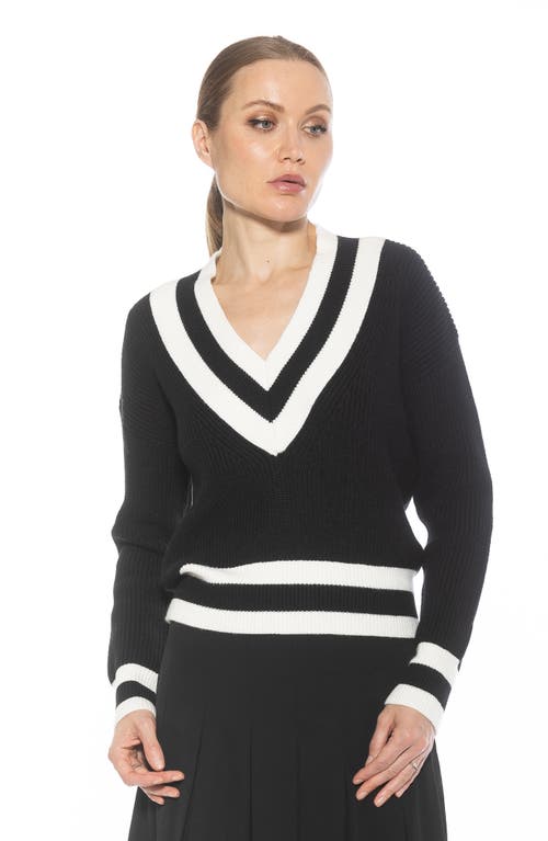 Alexia Admor Leona V-neck Varsity Polo Sweater In Black/ivory