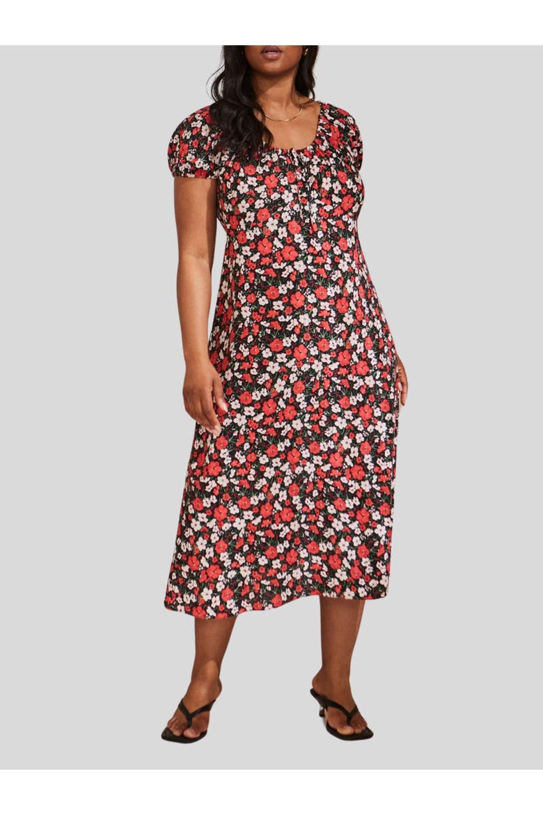 Floral Gathered Neck Midi Dress, Alternate, color, Red