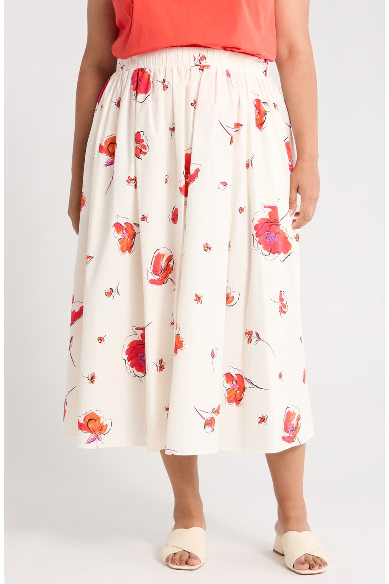 Floral Stretch Cotton Midi Skirt, Main, color, IVORY