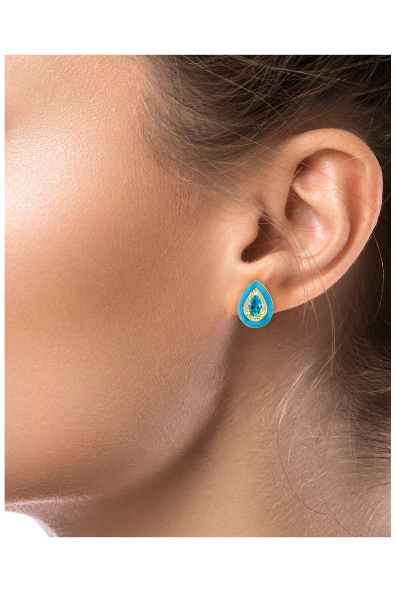 Enamel Border Cubic Zirconia Halo Stud Earrings, Alternate, color, BLUE/ CLEAR GOLD