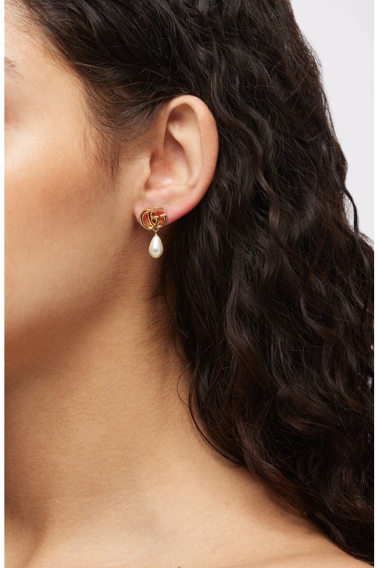 GG Marmont Faux Pearl Drop Earrings, Alternate, color, GOLD