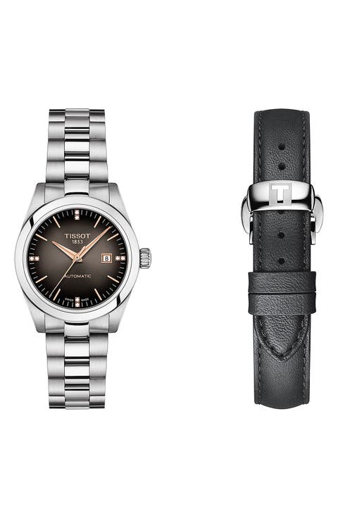 T-My Diamond Automatic Bracelet Watch & Leather Strap Gift Set, 29.3mm