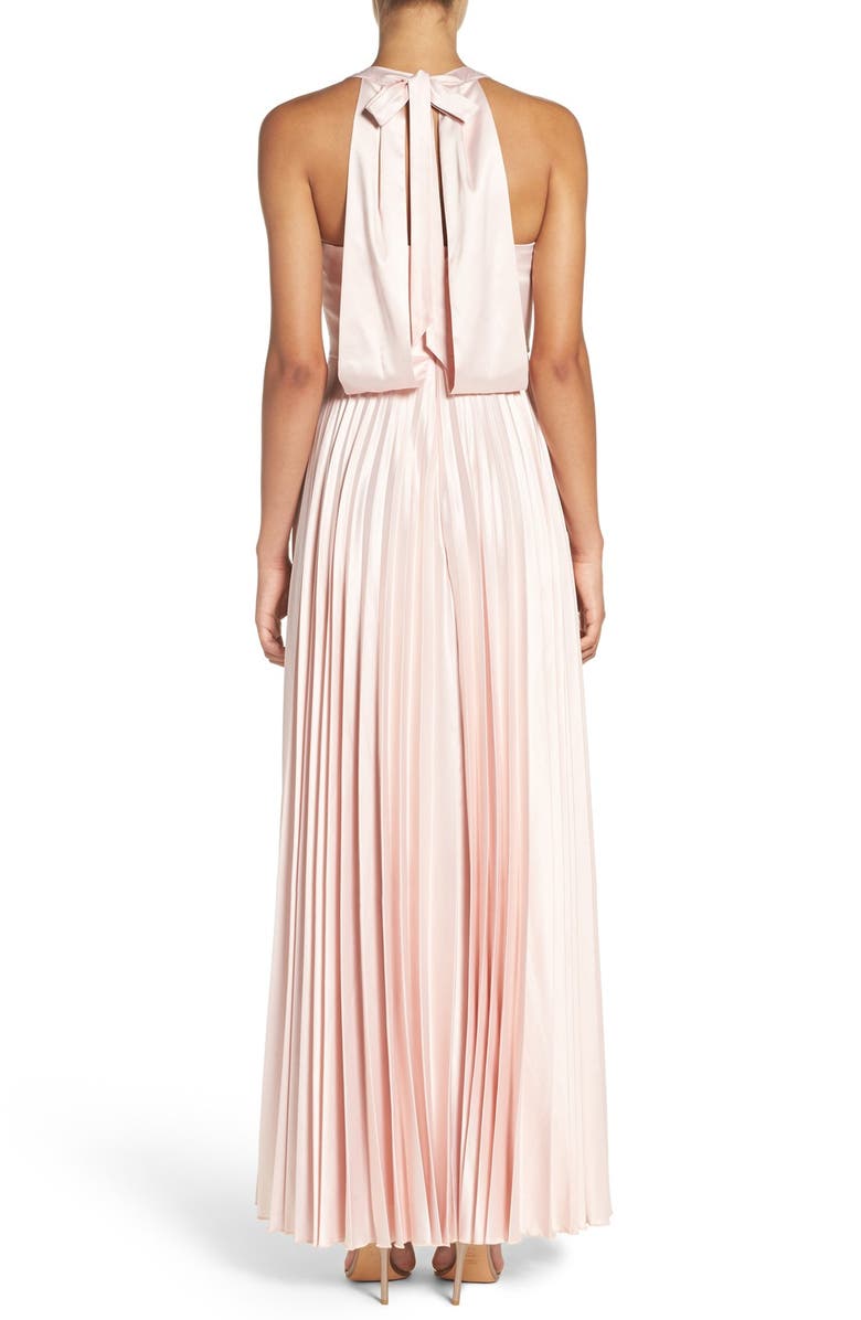 Lulus Bow Back Pleat Satin Gown, Alternate, color,