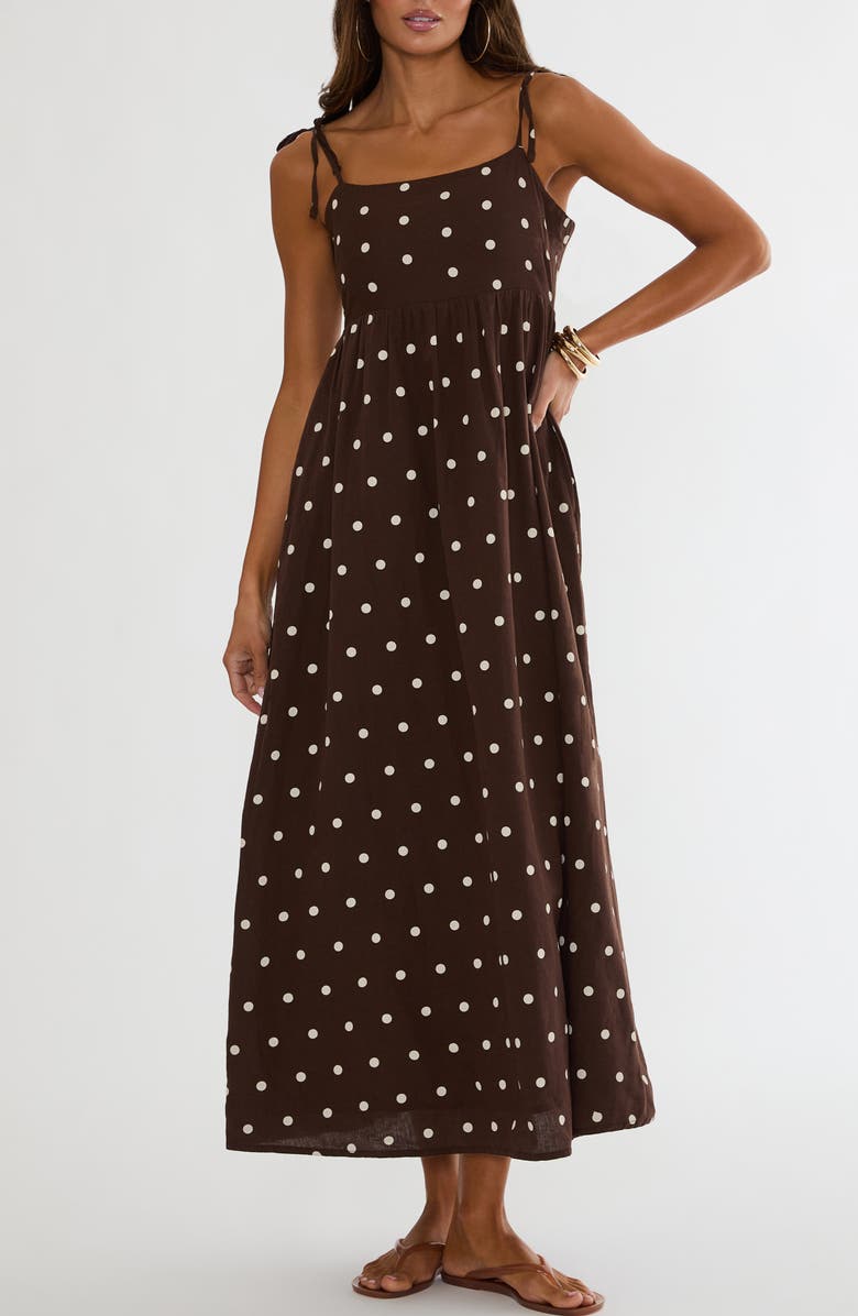 Beach Riot Valory Tie Strap Cotton & Linen Cover-Up Maxi Dress, Main, color, Brown Polka Dot