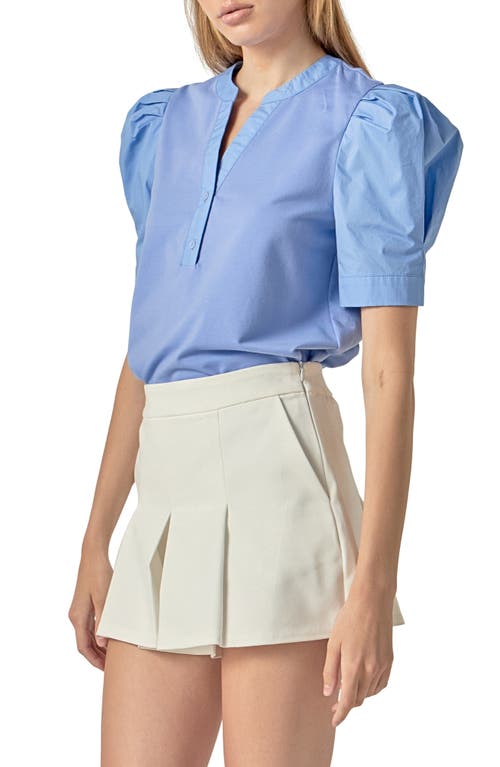 English Factory Puff Sleeve Mixed Media Top In Blue