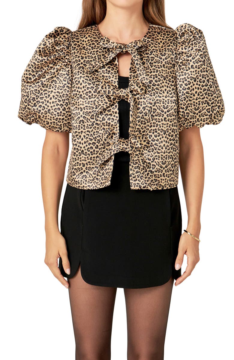English Factory Leopard Print Tie Front Puff Sleeve Top, Alternate, color, 