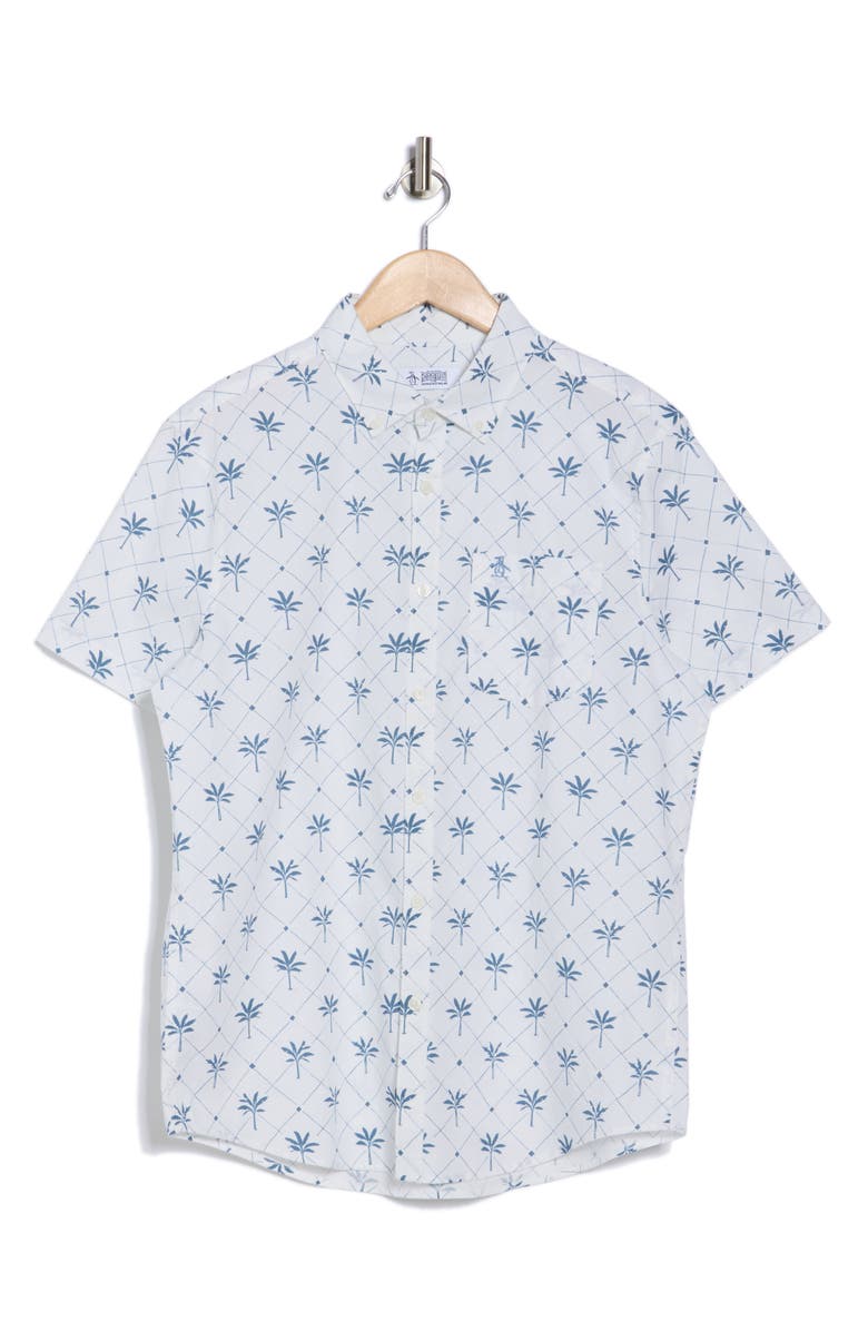 Original Penguin Palm Print Short Sleeve Stretch Button-Down Shirt, Alternate, color, Bright White
