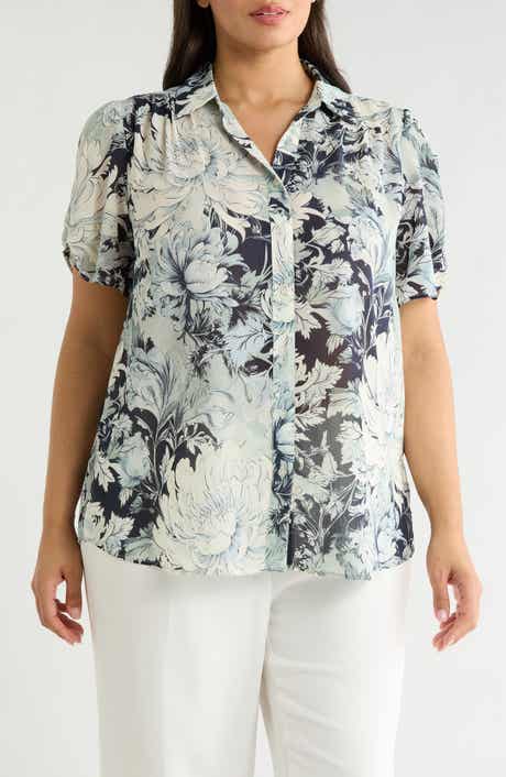 Adrianna Papell Scrunched Short Sleeve Button-Up Shirt
