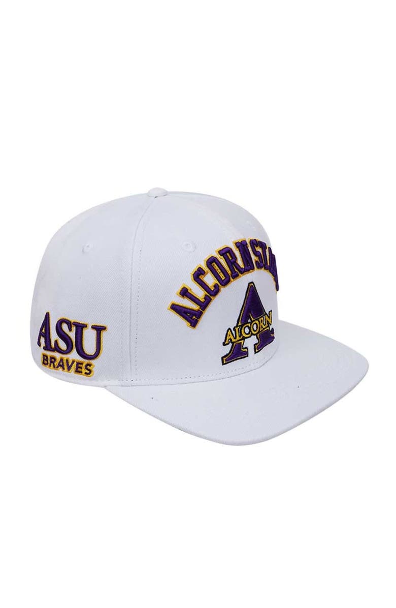 PRO STANDARD Men's Pro Standard White Alcorn State Braves Arch Over Evergreen Wool Snapback Hat, Alternate, color, White