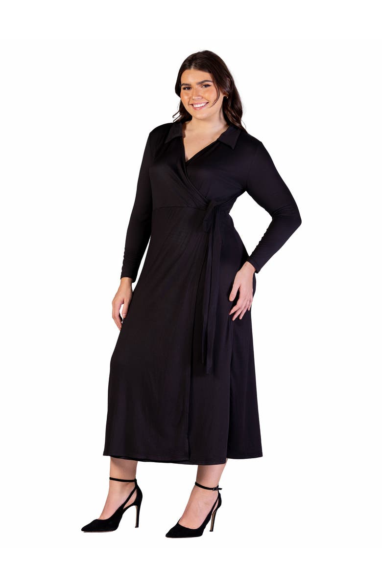24seven Comfort Apparel Comfortable Collared Wrap Maxi Dress, Alternate, color, Black