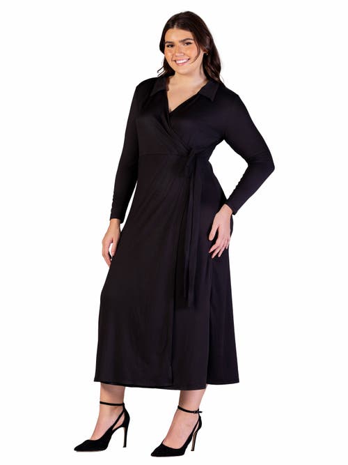 24seven Comfort Apparel Plus Size Collared Wrap Maxi Dress In Black