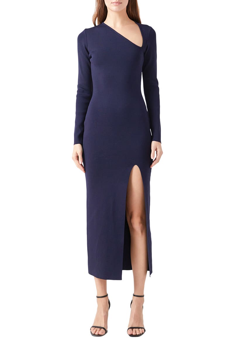 Asymmetric Neck Long Sleeve Sweater Dress, Main, color, NAVY