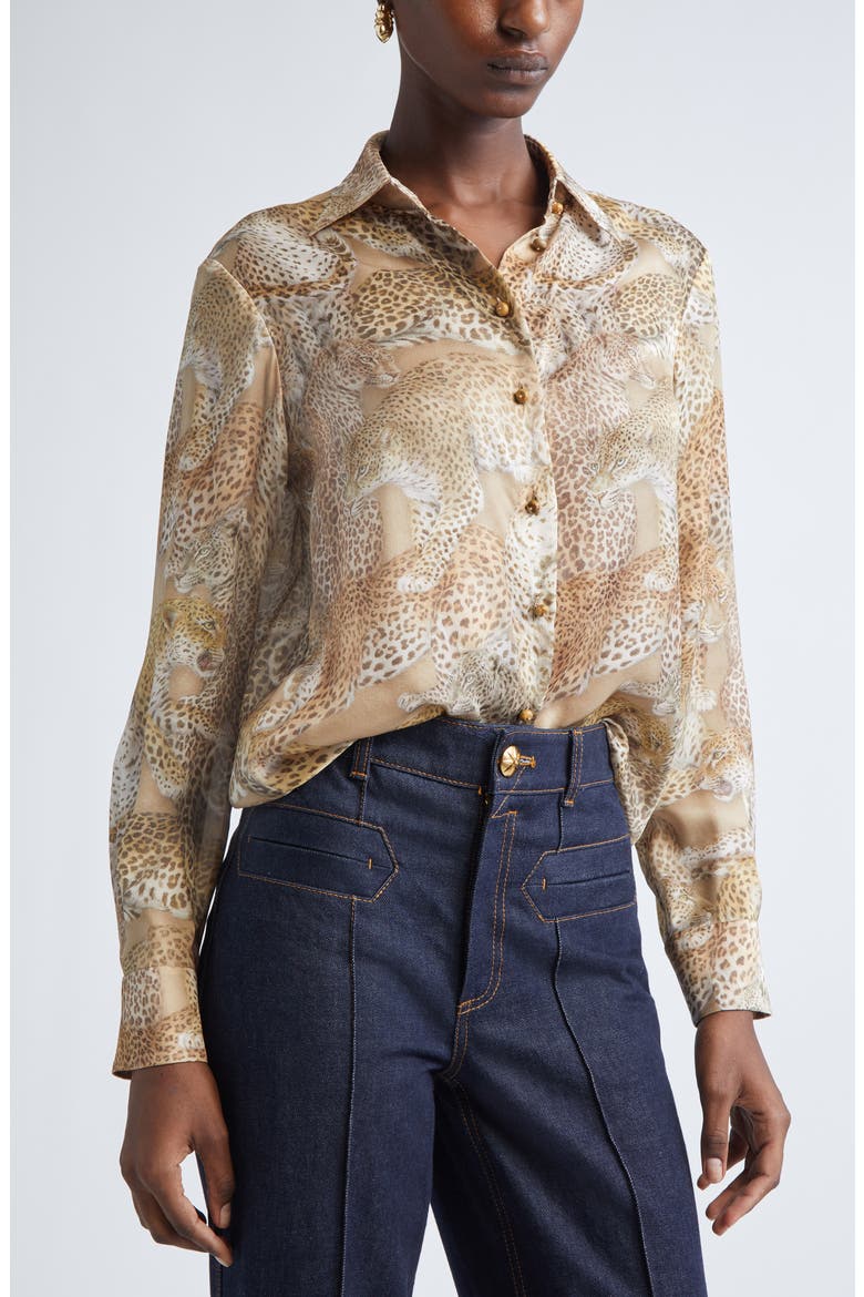 Rebellion Relaxed Silk Button-Up Shirt, Alternate, color, LATTE LEOPARD