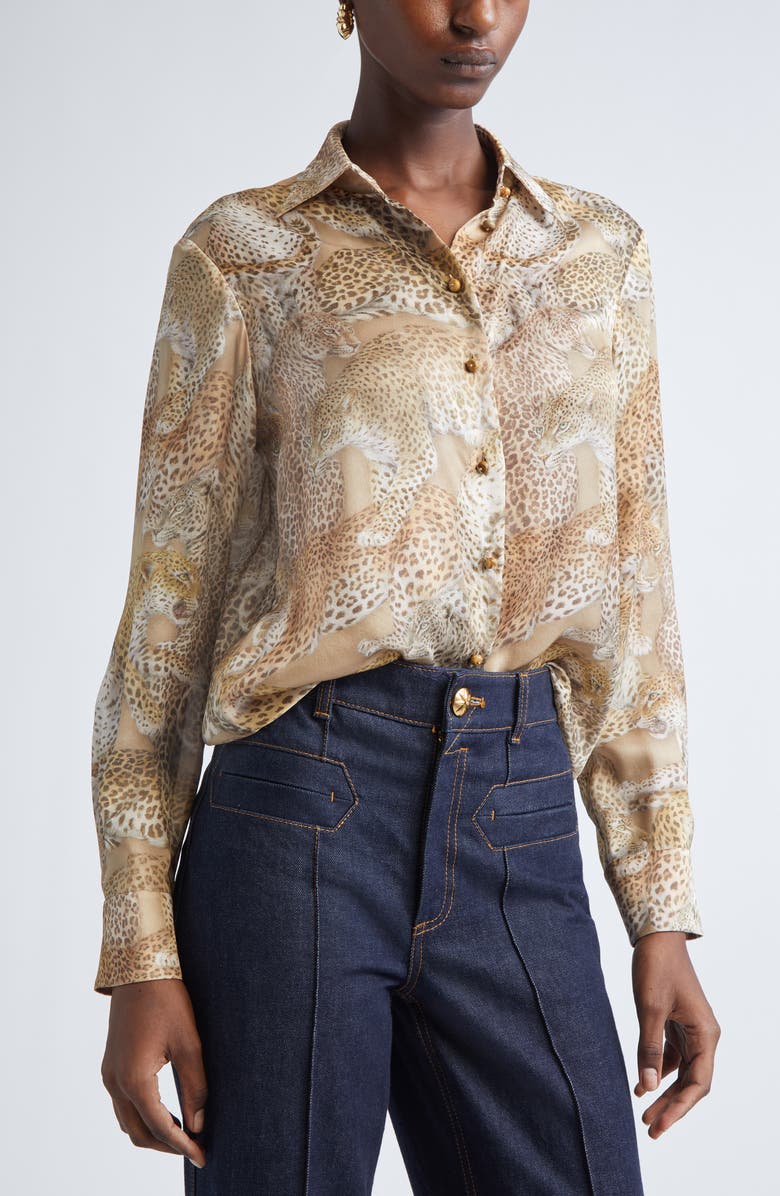 Zimmermann Rebellion Relaxed Silk Button-Up Shirt, Alternate, color, Latte Leopard