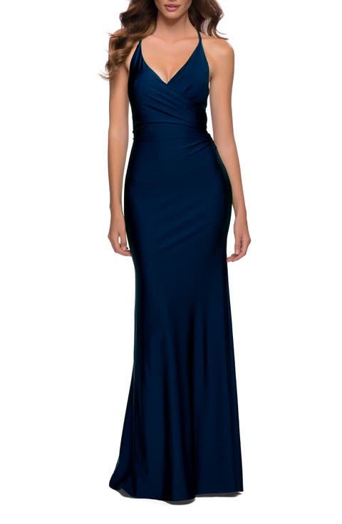 Fitted Long Jersey Gown with Criss Cross Bodice