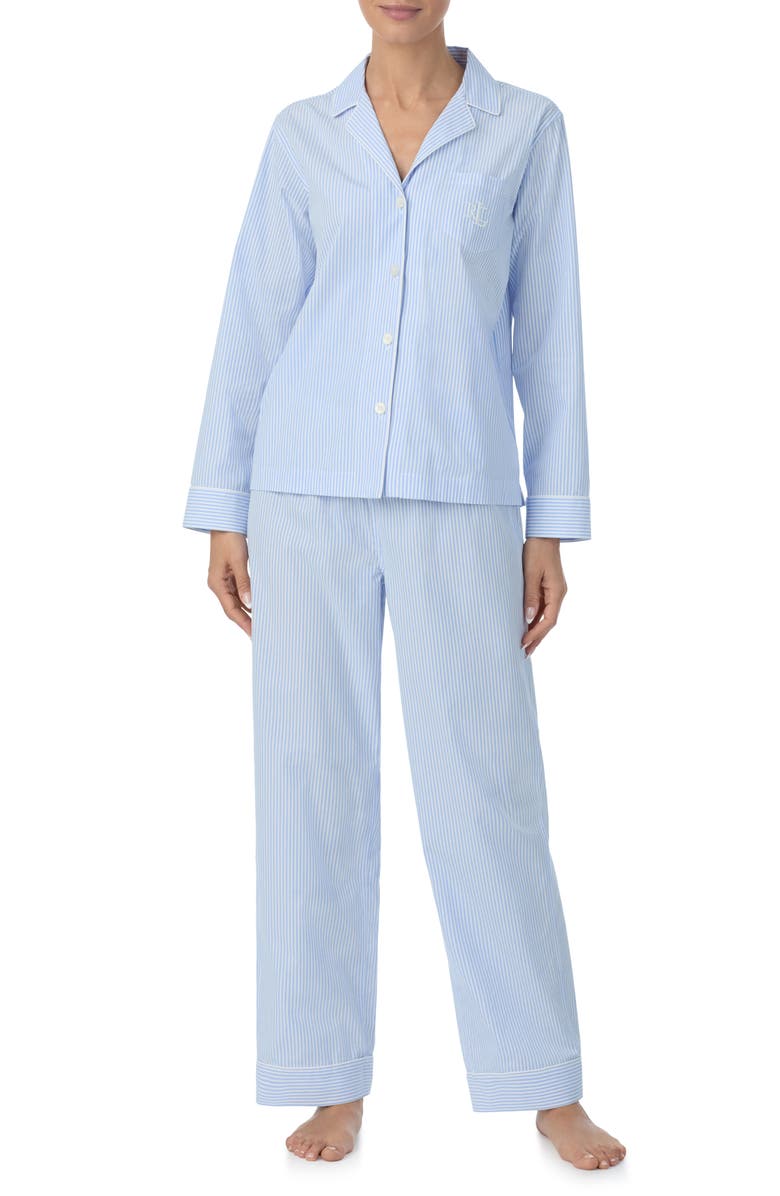 Lauren Ralph Lauren Stripe Long Sleeve Cotton Pajamas, Main, color, Blue Stripe