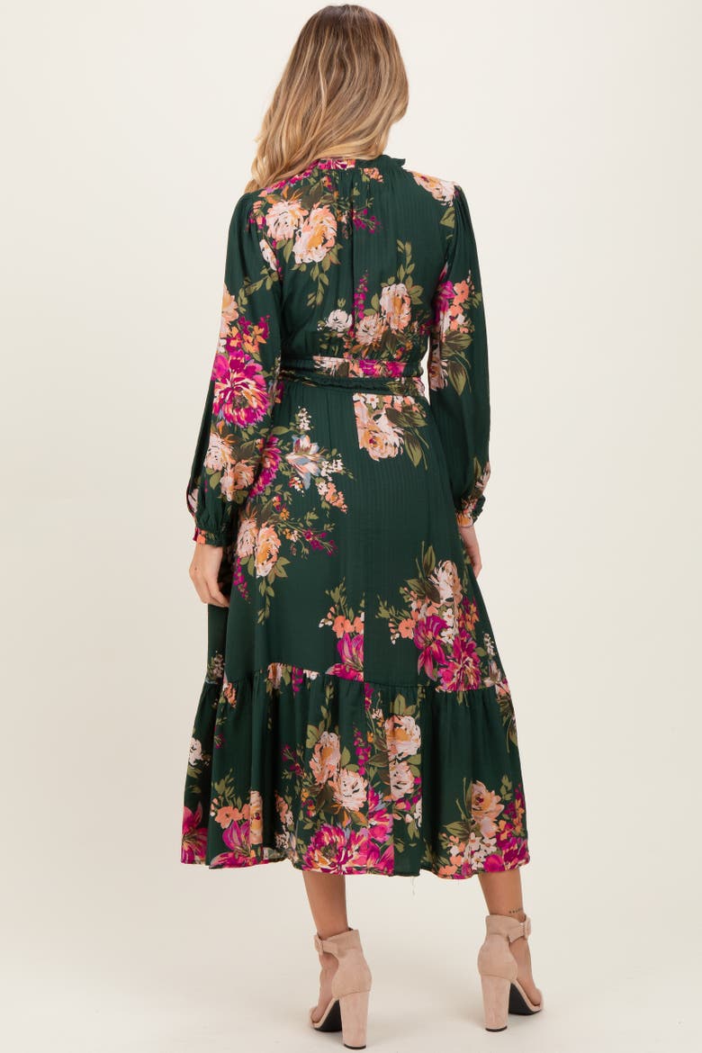 Floral Long Sleeve Midi Dress, Alternate, color, Forest Green