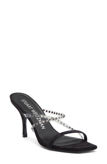 Stuart Weitzman Strapeze Crystal 85 Sandal In Flannel/black/black