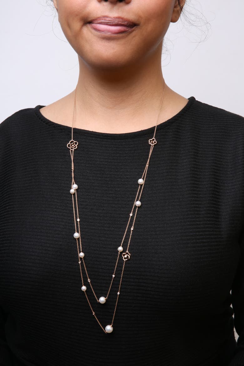 Gold 1/2 Cttw Diamond and Pearl Double Strand Station Necklace, Alternate, color, Pink