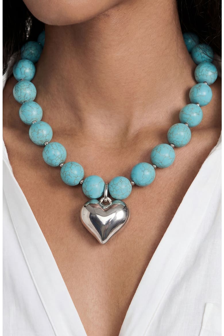 Luck & Love Stone Puffy Heart Pendant Necklace, Alternate, color, TURQUOISE AND SILVER