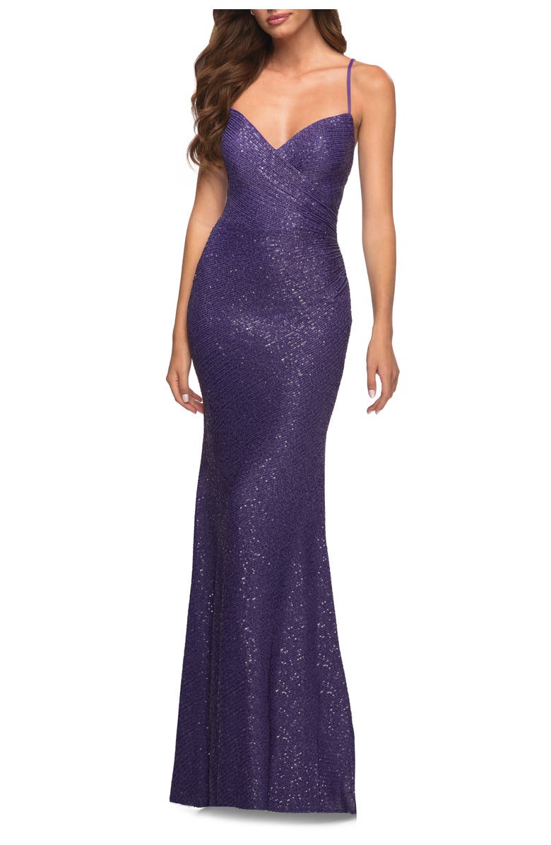 La Femme Sequin Long Prom Dress in Vibrant Bright Colors, Alternate, color, Purple