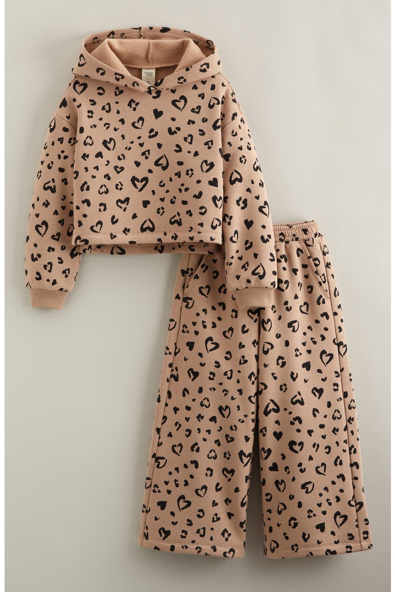 Kids' Fleece Hoodie & Pants Set, Main, color, TAN NATURAL LEOPARD HEARTS