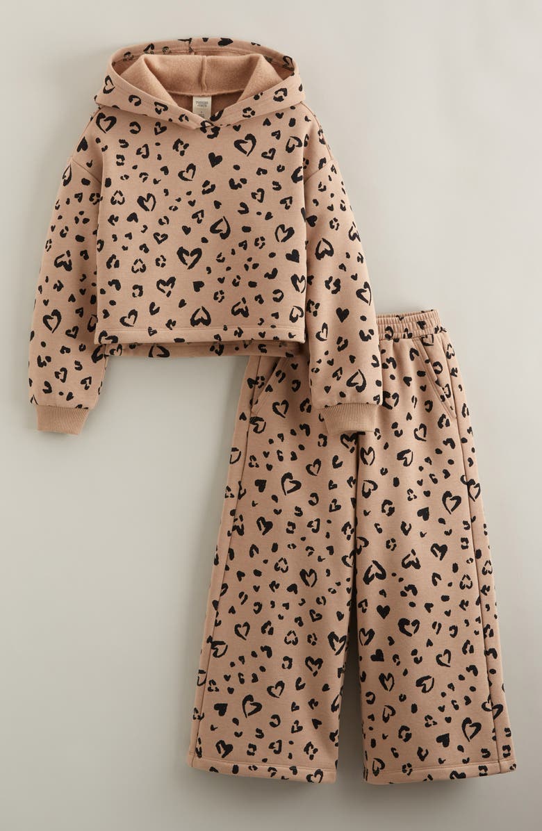 Tucker + Tate Kids' Fleece Hoodie & Pants Set, Main, color, Tan Natural Leopard Hearts