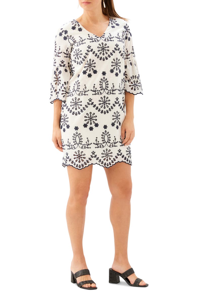 Karen Kane Embroidered Eyelet Cotton Shift Dress, Alternate, color, Cream W/ Navy