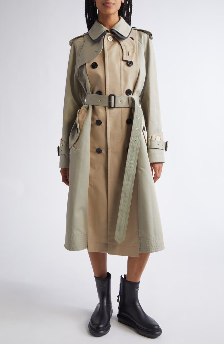 Sacai Cotton Gabardine Trench Coat, Main, color, Light Khaki/ Beige