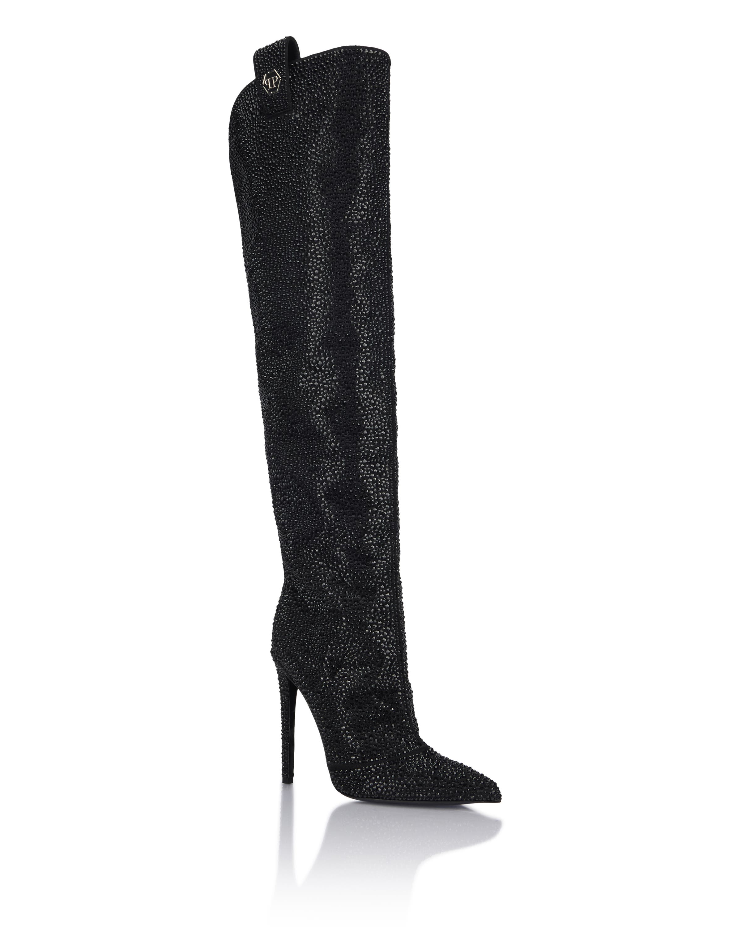 High-Heel High Boots Mixed Strass Hexagon Women, Main, color, black