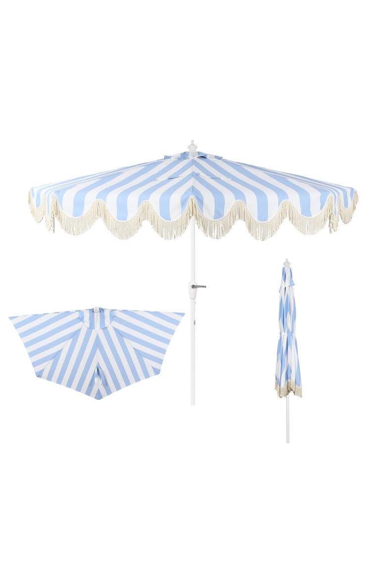 Beverly Coastal Half Patio Umbrella, Space-Saving Balcony Shade with Scalloped Fringe, Crank & Manual Tilt, Main, color, Light Blue/White Pole