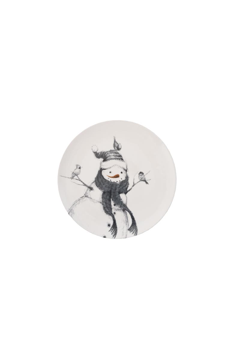 Storied Home Round Stoneware Serving Platter with Snowman and Birds Image, Black, White and Orange Color, Main, color,