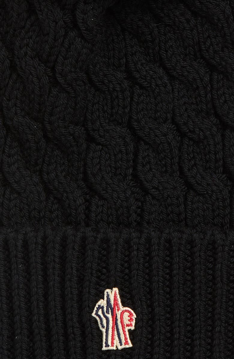 Moncler Après Ski Cable Knit Virgin Wool Beanie with Faux Fur Pompom, Alternate, color, Black