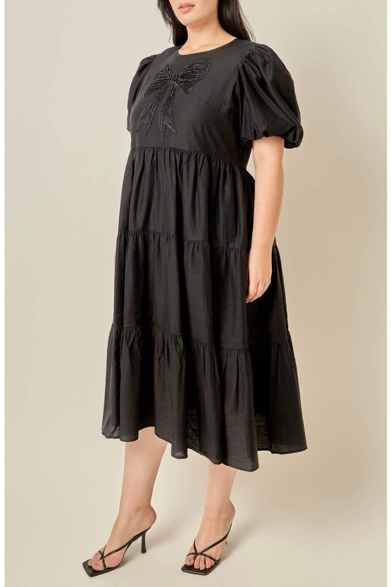 Bow Puff Sleeve Midi Dress, Alternate, color, BLACK