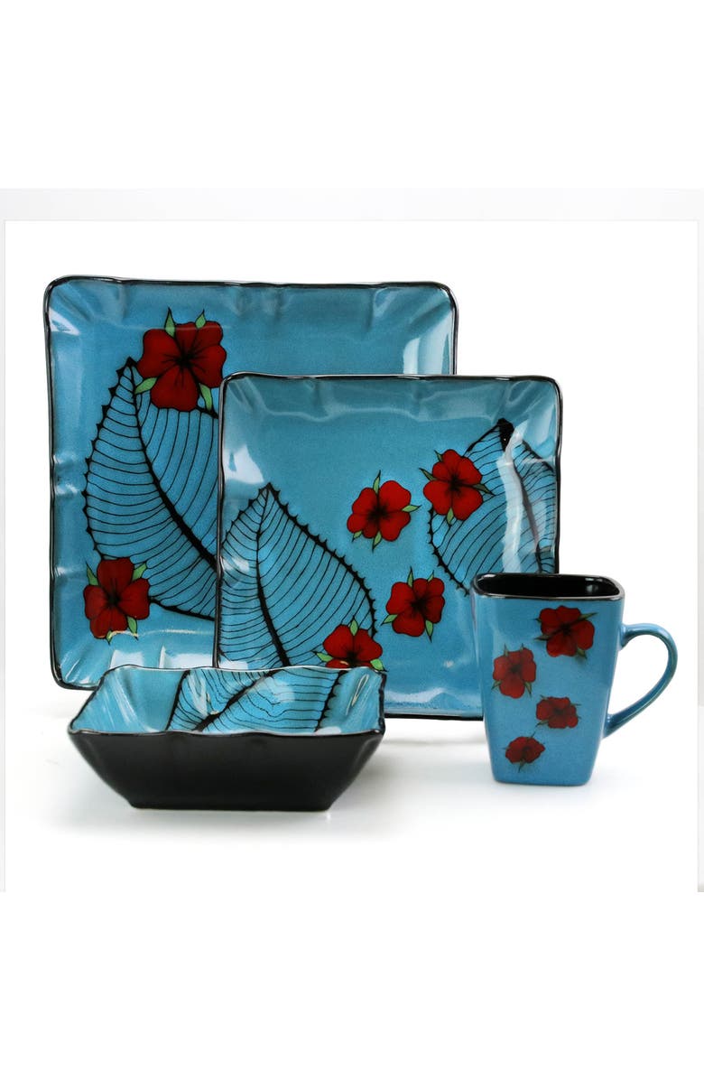 Elama Aloha Tide 16 Piece Luxurious Stoneware Dinnerware with Complete Setting for 4, Alternate, color, Blue