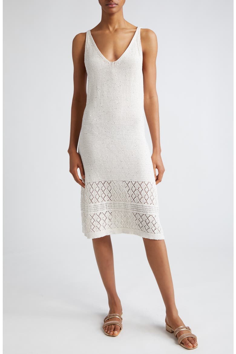 Sequin Sleeveless Cotton & Linen Blend Pointelle Sweater Dress, Main, color, WHITE