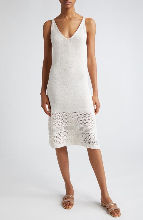 Sequin Sleeveless Cotton & Linen Blend Pointelle Sweater Dress