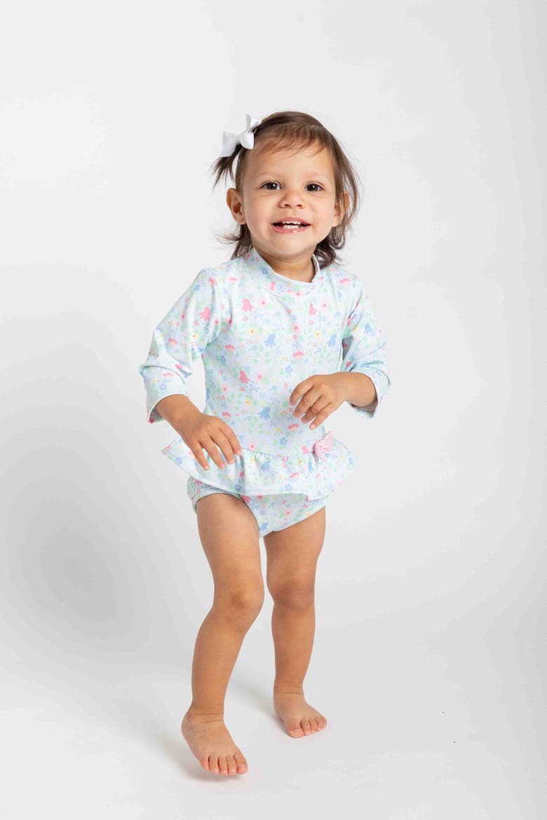 Floral Print One Piece Rashguard with Bow, Alternate, color, Blue/Multi