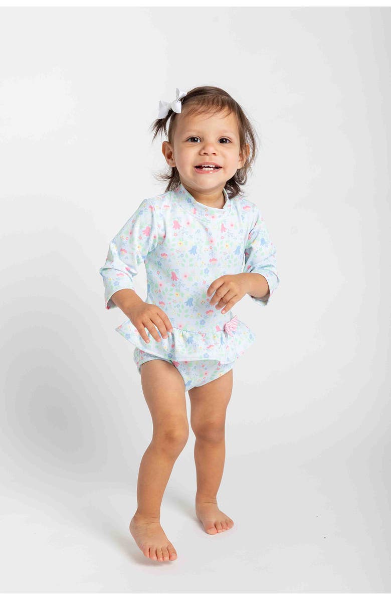 Florence Eiseman Floral Print One Piece Rashguard with Bow, Alternate, color, Blue/Multi