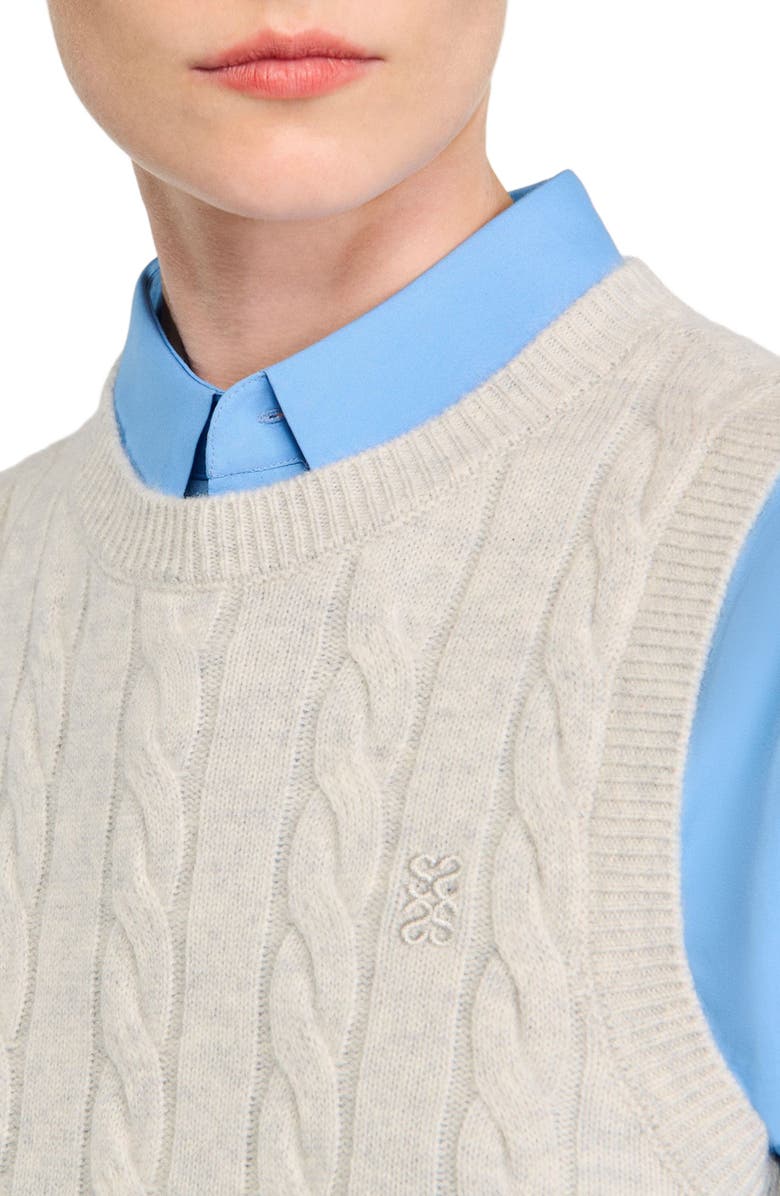 SANDRO Sleeveless cropped cable knit sweater, Alternate, color, Grey