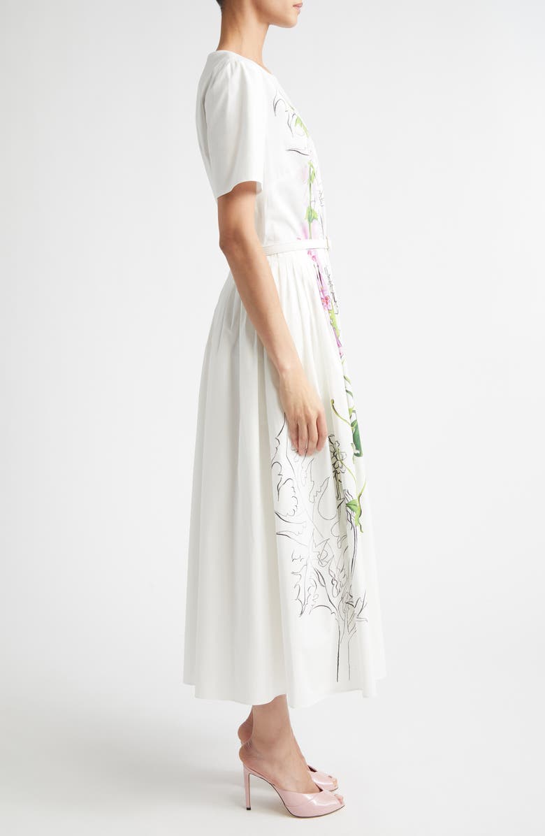 Oscar de la Renta Foxglove & Dandelion Sketch Belted Stretch Cotton Poplin Midi Dress, Alternate, color, White Multi