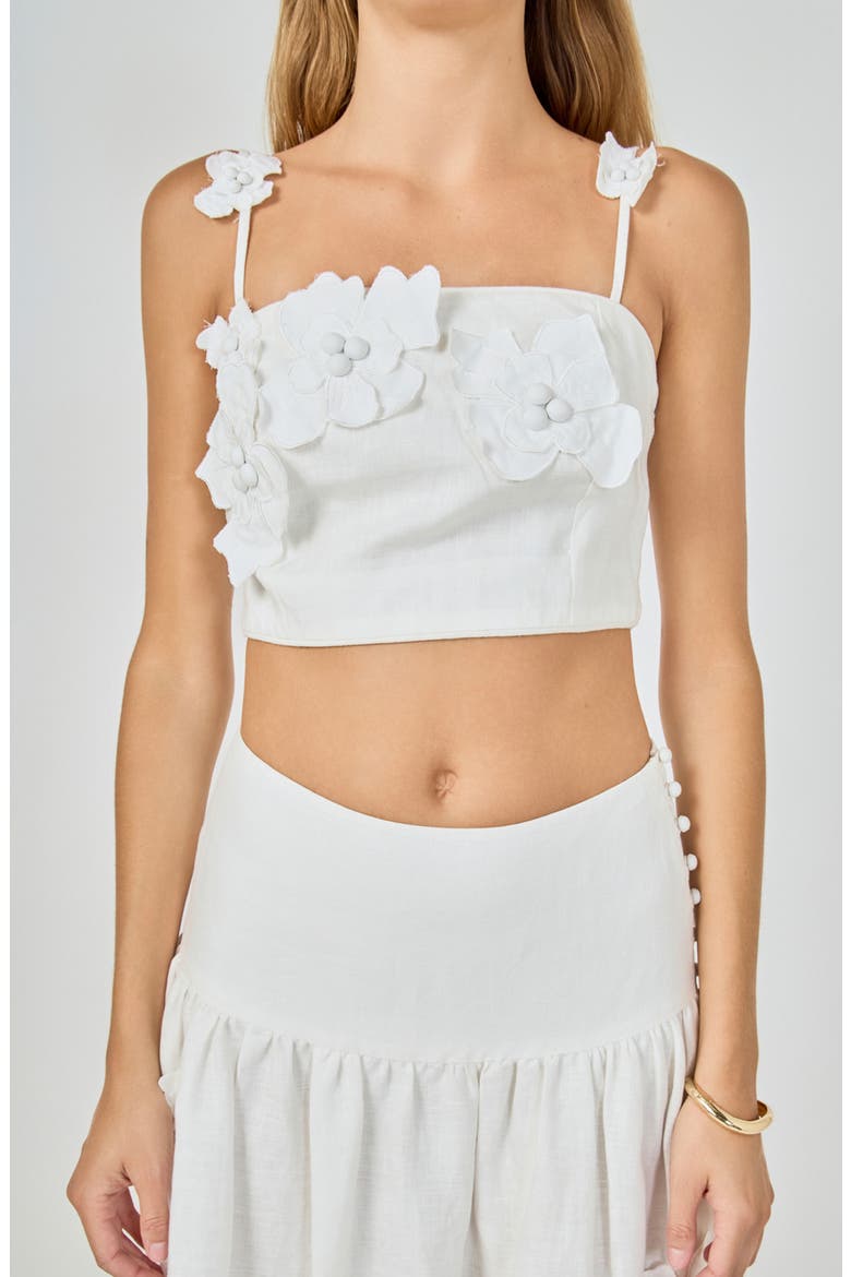 3D Floral Detail Linen Shell Top, Alternate, color, WHITE